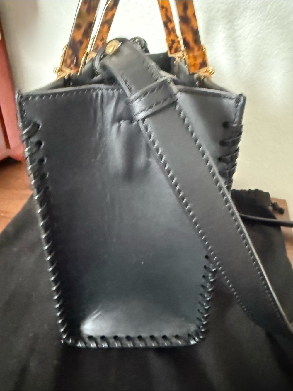 Fendi Black Leather Satchel with Tortoiseshell Handle and Gold Hardware - Picture 6 of 17